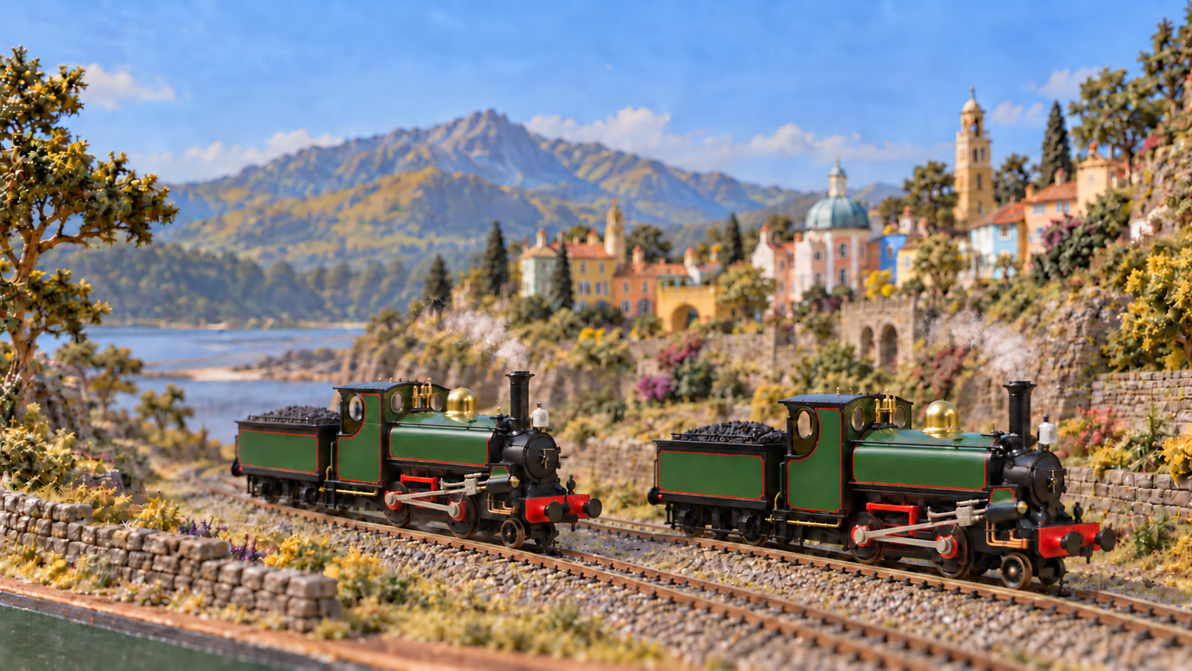 Photographic concept of two green miniature steam locomotives on a detailed model railway, with Portmeirion and Snowdon behind