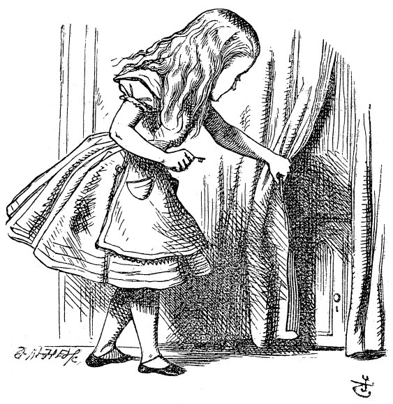 John Tenniel's Alice drawing back a curtain to discover a small door
